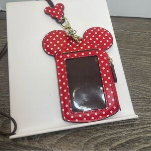 Red Polka Dot card holder Case with Whimsical Design. Lanyard. Minnie. Pre-owned